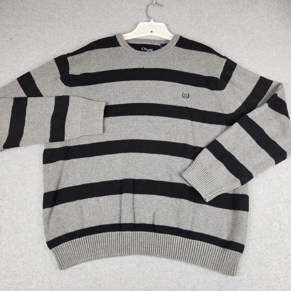 Chaps Sweater Mens XL Gray Black Striped Tight Knit Crew Neck Pullover Logo